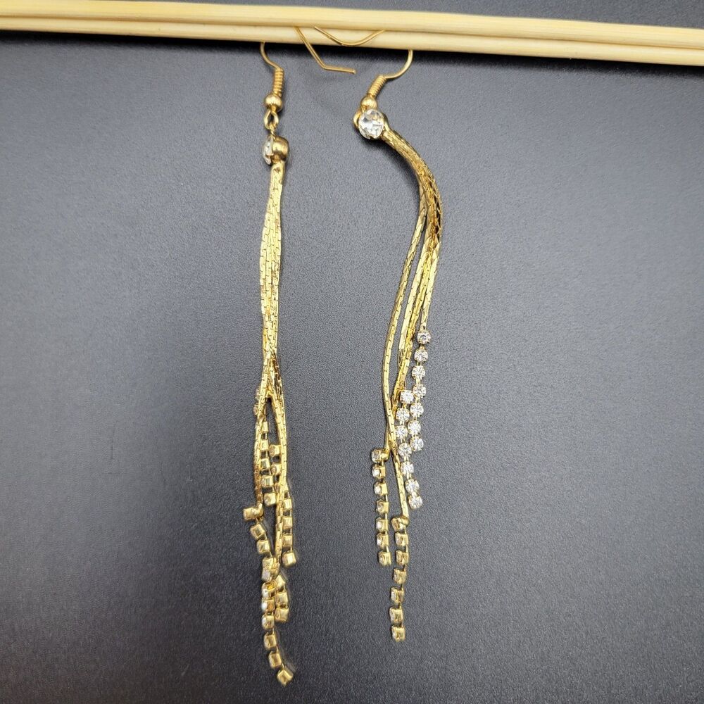 Long Dangle Tassel Women Gold Alloy Rhinestone Statement Drop Earring Fashion
